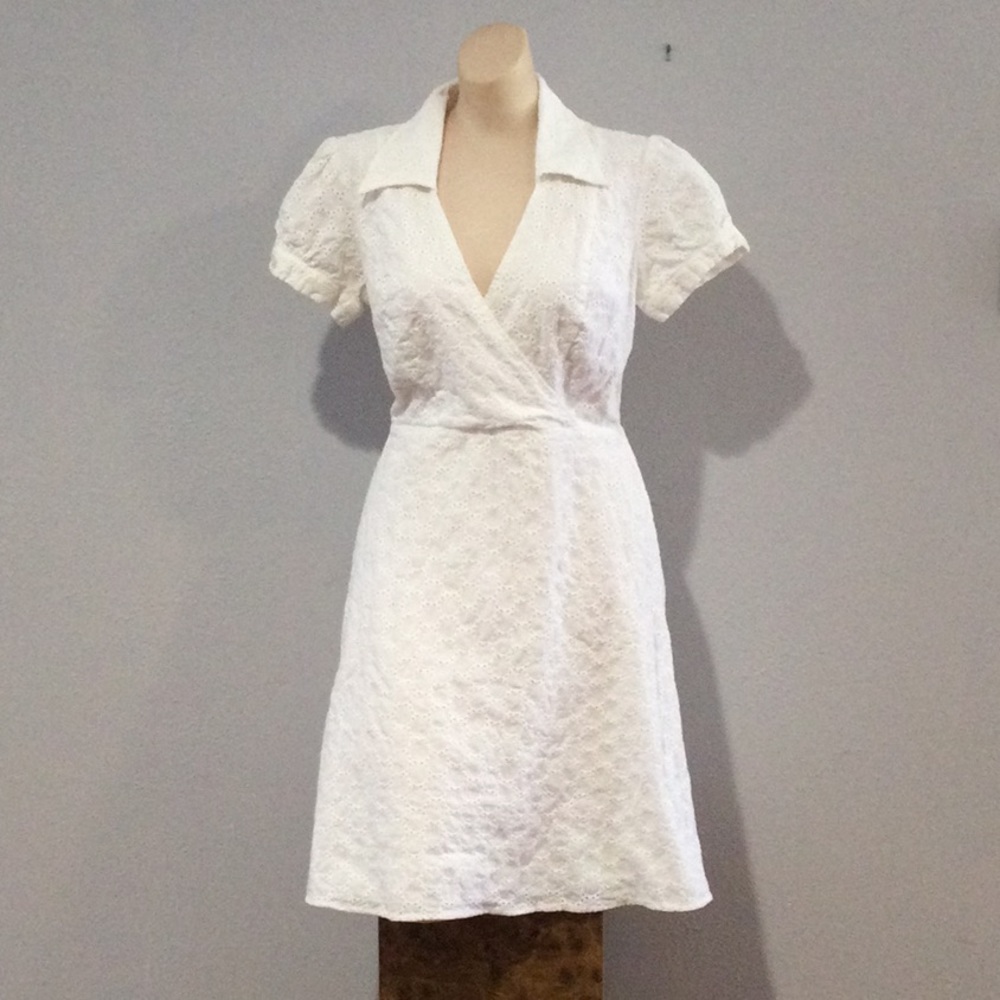 As U Wish White Lined Eyelet Collared V-neck Dress